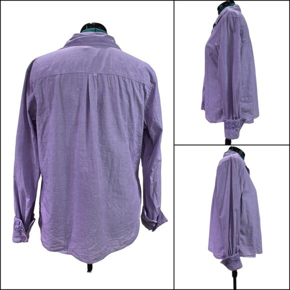 Coldwater Creek Button Up Shirt Embroidered Paisley Cuffs Size Large Purple - Picture 2 of 12